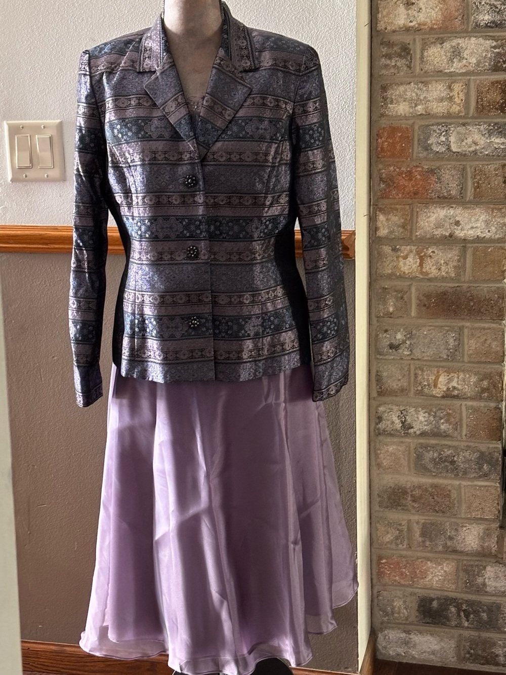 David's Bridal Lavender Satin Dress with Metallic Brocade Overlay